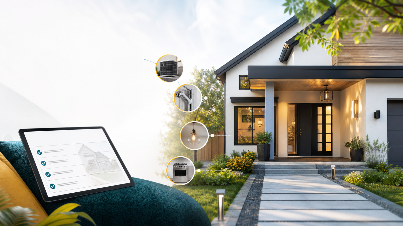 Modern home with home systems and appliance protection graphics